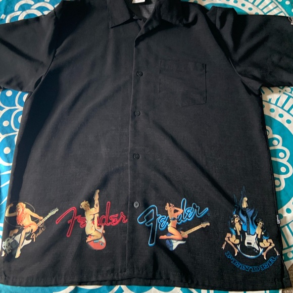 HARD ROCK SAN FRANCISCO CAFE PINUP FENDER GUITAR ROCKABILLY BOWLING SHIRT BLACK - Picture 2 of 13